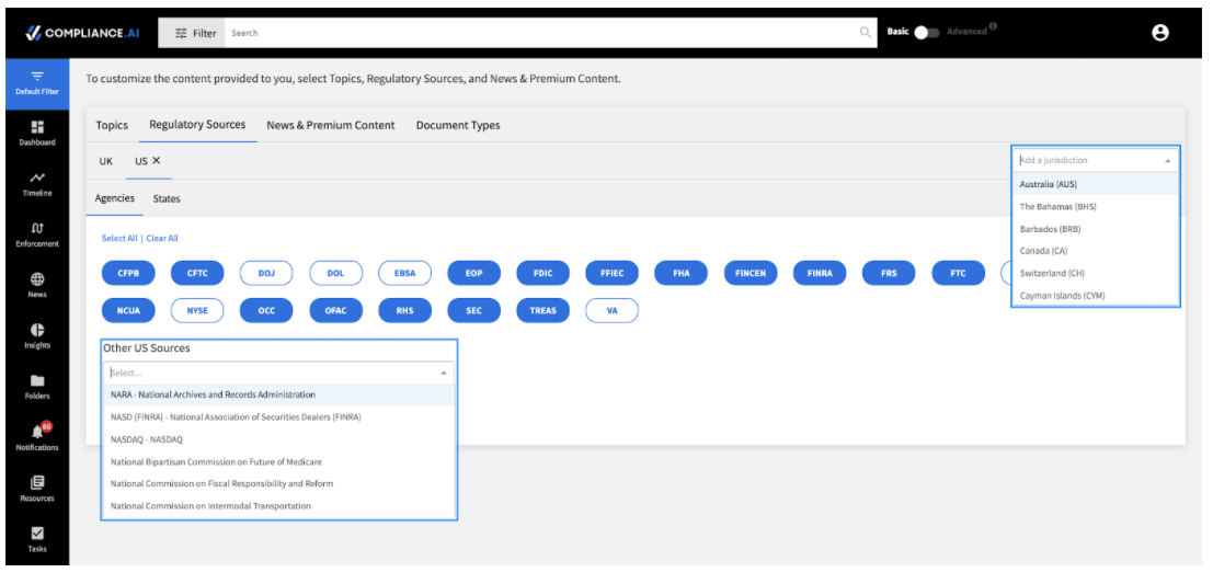 Regulatory Sources Default Filter